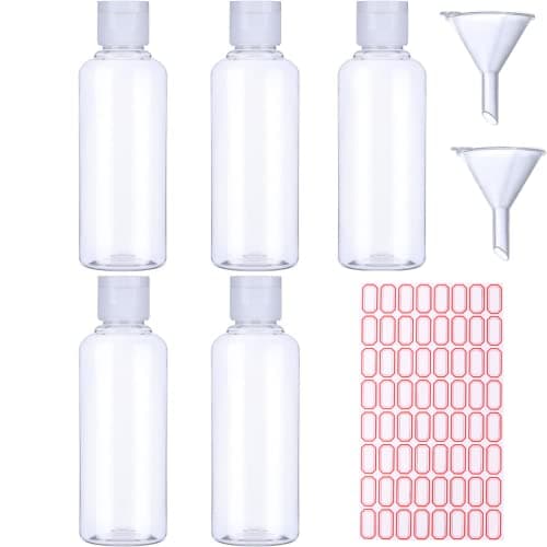 Voarge 5 Pack 100ml Plastic Bottle with 2 Small Funnel and 64 Sheets Free Labels, Transparent Plastic Air Flight Travel Bottle Set with Small Funnel for Flight, Airport, Vacation