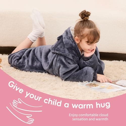 yescool Wearable Blanket Sweatshirt Kids, Oversized Blanket Hoodie with Sherpa for Kids, Youth, Boys, Girls, Portable Warm Travel Pillow, Teen Wearable Blankets, Hand Warmer, One Size, Grey — view 6