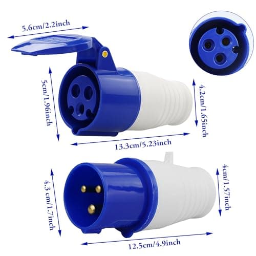 HXMJIED 16A 240V Site Trailing Plug & Socket 230V 16A 3 Pin PCE 240 Volt Blue Hook Up, Weather Proof Industrial Socket, Industrial 16A Plug & Sockets 1 Set (Blue) — view 2