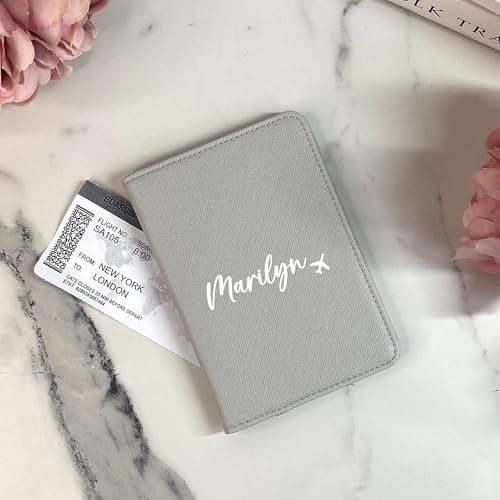 eBuyGB Personalised Passport Holder, Custom Name Passport Cover Travel Wallet, Faux Leather Travel Document Holder, Holiday, Honeymoon & Destination Wedding Gift for Her (Soft Grey) — view 2