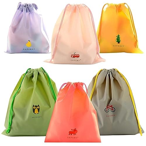 6 Pack Waterproof Drawstring Bags, Draw String Travel Storage Bag, Folding Storage Sack Luggage Organizer Bags Drawstring Pouch for Gym Sport Outdoor Swim Holiday
