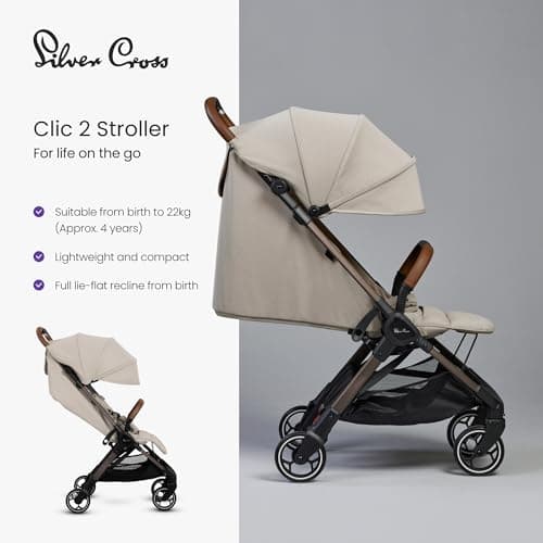 Silver Cross Clic 2 Compact Stroller & Travel Bag, Birth to 22kg, Latte — view 3