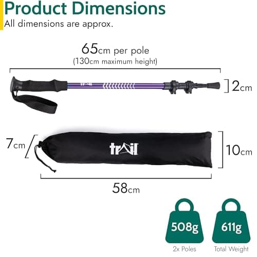 Trail Telescopic Walking Poles, 2 Pack, Adjustable 65–135cm, Purple — view 6