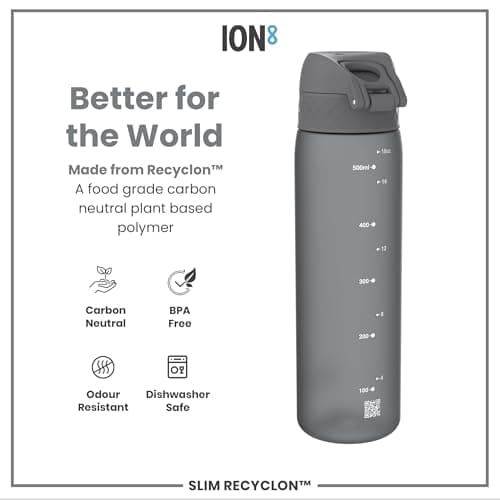 Ion8 Water Bottle, 500 ml/18 oz, Leak Proof, Easy to Open, Secure Lock, Dishwasher Safe, BPA Free, Hygienic Flip Cover, Carry Handle, Fits Cup Holders, Easy Clean, Carbon Neutral, Grey — view 5