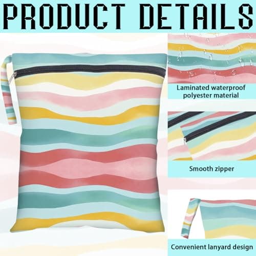 PRESSINART 2Pcs 2 Sizes Wet Dry Bag Rainbow Beach Wet Bags Stripe Pattern Polyester Waterproof Sandproof Reusable Storage Zipper Pouch for Friends Makeup Swimsuit Travel Dirty Diaper Clothes Gifts — view 6