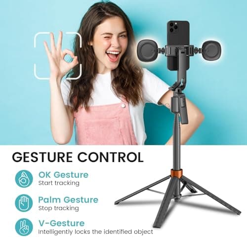 Face Tracking Tripod for iPhone,70" Tall Travel Phone Tripod Stand with Light,Remote and Gesture Control,Selfie Stick for Video Recording&TikTok Live Streaming&Content Creator(with fill light) — view 2