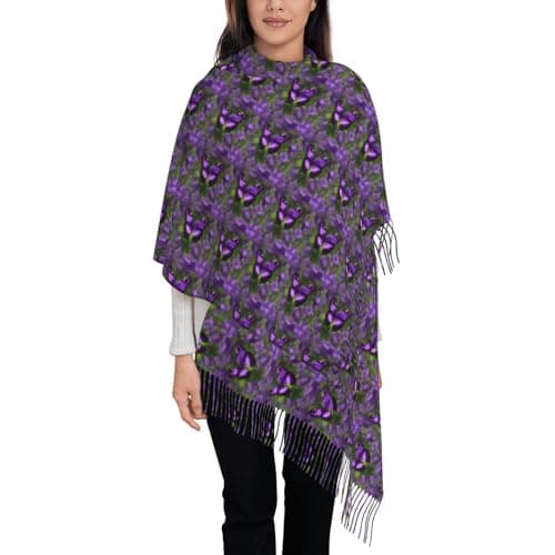 Purple Butterfly Print Elegant Fringe Scarf Shawl Wrap For Women Winter Fall Spring Travel Accessory Gift — view 3