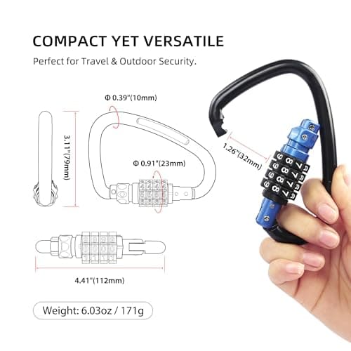 UP Security Combination Lock D Ring with Retractable Cable, 4 Digit Combo Lock for Helmet Safe, Backpack, Luggage Anti-Theft, Stroller, Scooter, Gym Locker, Fence, Travel, Outdoor Use (D Ring, Blue) — view 2