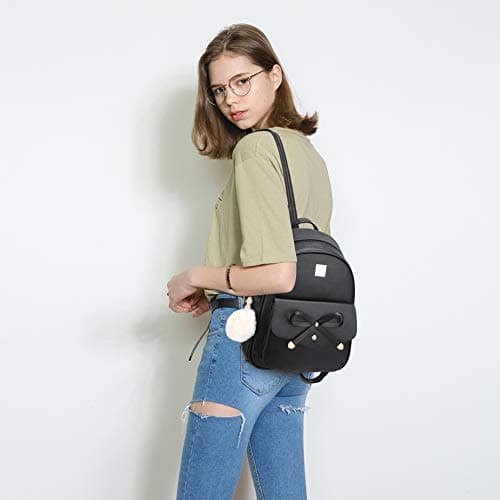 Gloppers Girls Bow Backpack 3PCS Faux Leather Backpack Set with Shoulder Bag & Wallet Cute Rucksack for Women Travel (Black) — view 3