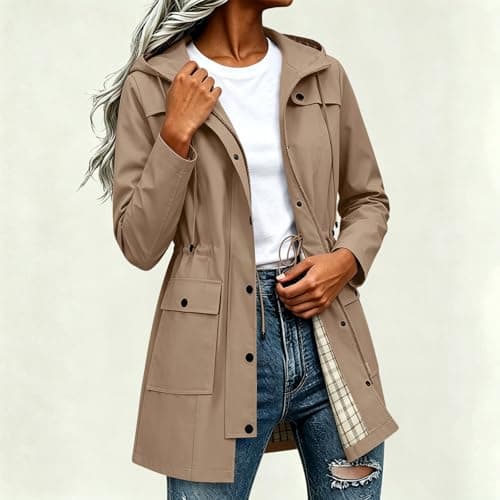 Znwerma women's rain jacket Waterproof Jacket Lightweight for Women Ladies Windbreaker Rain Coats Full Zip Hooded Long Raincoat Casual Hiking Walking Outwear Khaki — view 2
