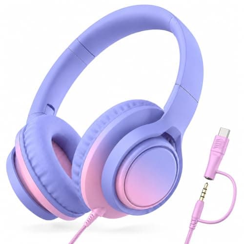 Zollexa Kids Over-Ear Headphones, 85/94dB, Mic, USB-C Adapter, Pink