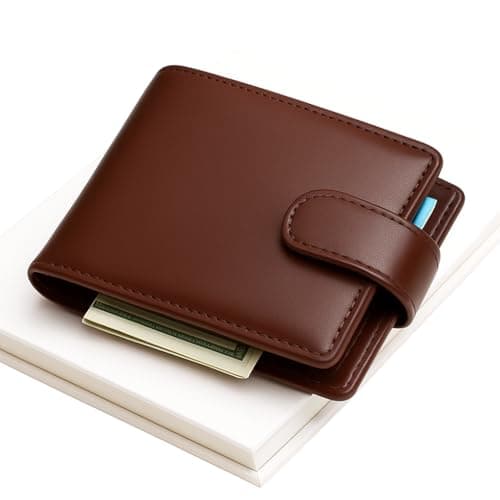 Coffee Brown Vegan PU Leather Wallet for Men – Slim Bifold with Card Slots, Coin Pocket, ID Window, 2 Note Compartments – Compact Wallet with Snap Closure – Stylish Gift Idea for Everyday Use 12×9.5cm