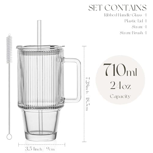 KEMORELA 24oz / 710ml Ribbed Glass Tumbler with Handle, Lid & Straw – Iced Coffee Glass Cup, Matcha & Smoothie Drinking Glass, Reusable Travel Cup with Straw and Lid — view 3