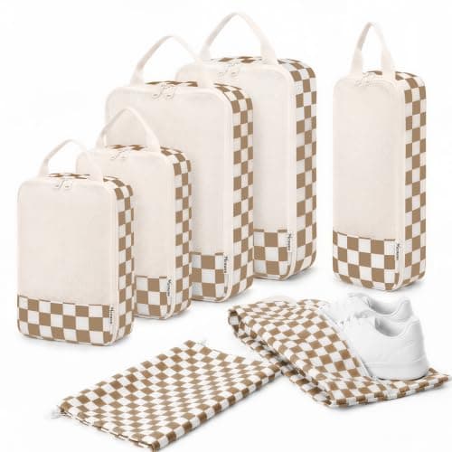 Meowoo 7 Set Compression Packing Cubes for Suitcases, Checker Design