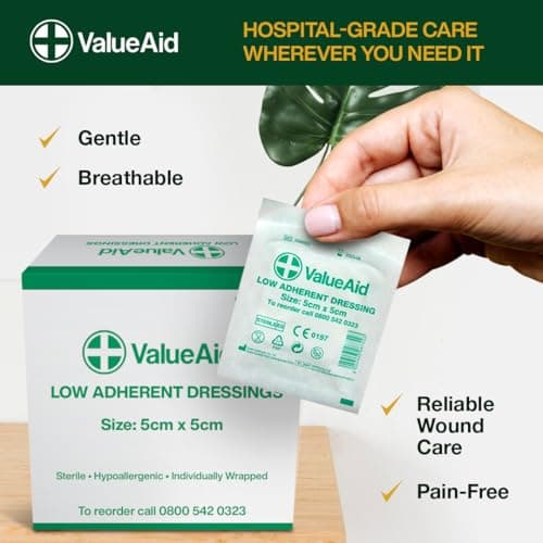 Value Aid Low Adherent Dressing Pads - 5cm x 5cm Hypoallergenic Sterile Wound Care, Non-Stick Surface for Gentle Removal - Individually Wrapped Medical Dressings for Cuts & Grazes (25 Pack) — view 6