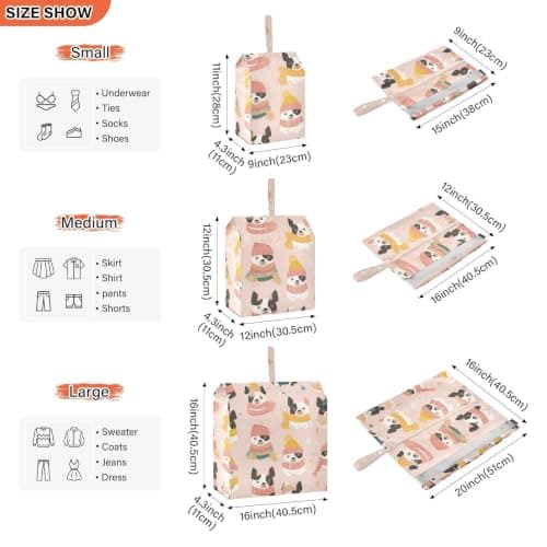 Dogs in Winter Hats on Blush 3 Set Travel Packing Cubes For Suitcases Stackable Closet Storage Space Saver Bag Bedroom Organizer — view 5