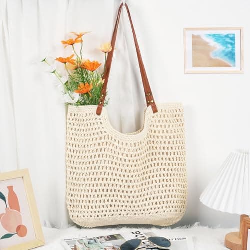 Crochet Beach Bags for Women, Large Capacity Summer Woven Beach Tote Bag Handbags Shoulder Bag, Handmade Boho Casual Knit Tote Bags for Beach Travel Holiday Vacation Work Shopping Daily Use (Beige) — view 3