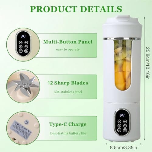 Upgraded Portable Blender, Powerful Extractor Blade, 530ml Cup, Rechargeable USB-C Charging Cable & User Guide, Powerful Cordless Mini Blender for Milkshakes, Smoothies, Purees, Flavored Sauces — view 2