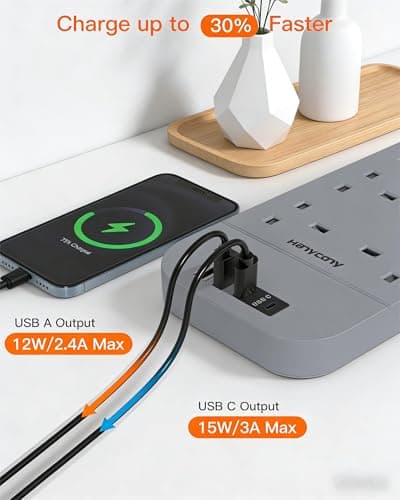 1.8M Extension Lead Grey, 8 Way Power Strip with 2 USB C 2 USB A — view 3