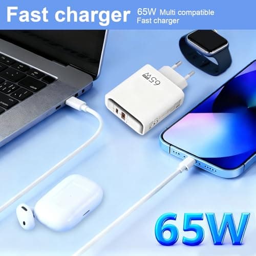 EU plug travel adapter charger, 65W European wall adapter with USB C fast charging port and USB A port, European universal fast charger compatible with iPhone/Samsung/power banks — view 5