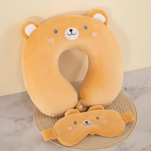 Travel Pillow Kids Travel Pillow with Sleep Eye Mask Cute Neck Pillow for Travel Soft Memory Foam Travel Neck Pillow for Adults and Kids Airplane Sleeping Travel and Camping (brown bear) — view 4
