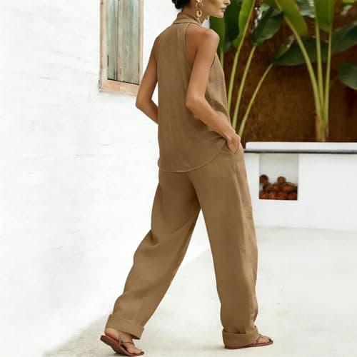 2 Piece Co Ord Sets for Women 2026 Summer Cotton Linen Lounge Wear Sets V Neck Sleeveless Tunic Tops & Wide Leg Trousers Loose Baggy Lightweight Womens Co Ord Set Holiday Travel Airport Outfits Gold — view 6