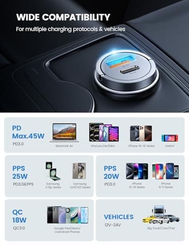 Lamicall 45 W Cigarette Lighter USB C Car Charger - [Super Mini All Metal] 24 V/12 V USB Adapter Car with 45 W USB C & USB A Quick Charger, PD & QC3.0 Car Charger for iPhone 17/16/15, Samsung — view 6