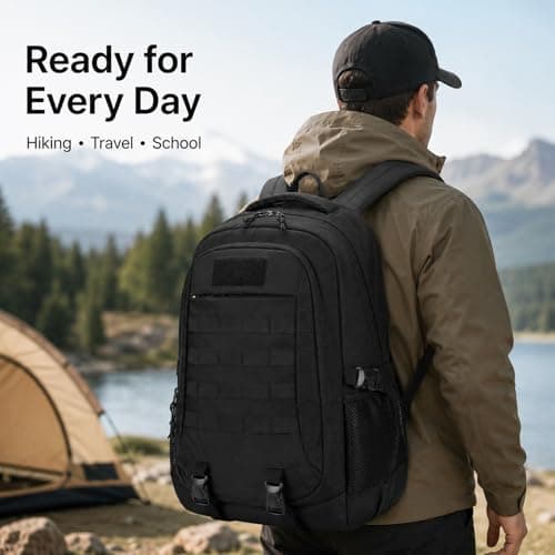 GOOGO Tactical Backpack for Men, 45L Large Capacity Hiking Backpack with Multiple Compartments, Waterproof Outdoor Rucksack for Camping, Travel, Sports and Fishing (Black) — view 5