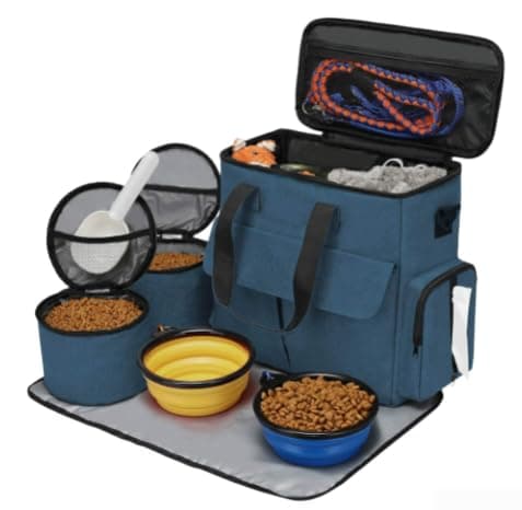 Pet Travel Bag 38cm Waterproof Oxford Storage Kit(Blue + 2 Bowls)