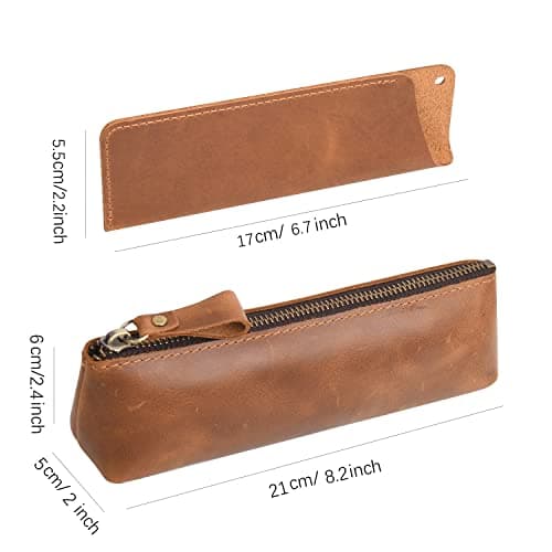 WONDERPOOL Leather 1pc Pencil Case & 1pc Fountain Pen Holder - Portable Compact Drawing Marker Pen Stationery Pouches for School Office Travel Organizer (Light Brown) — view 3