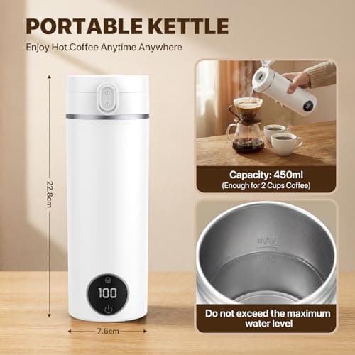 Electric Travel Kettle, 450ML Portable Mini Kettle with 6 Temperature Settings, 304 Stainless Steel Small Kettle for Camping Bedroom Holiday (White) — view 2