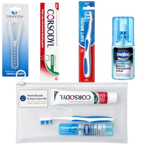Oravida Fresh Breath & Gum Care Kit – Oral Hygiene Bundle with Tongue Cleaner, Corsodyl Toothpaste, Soft Toothbrush, Breath Spray & Travel Pouch