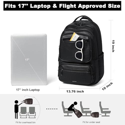 LATMAP 43L Rucksack Bag for Women 13.5" x 10" x 19",Vegan Leather Backpack Ladies Travel Carry-on Bag College Bookbag Work fits 17" Laptop,Black — view 4