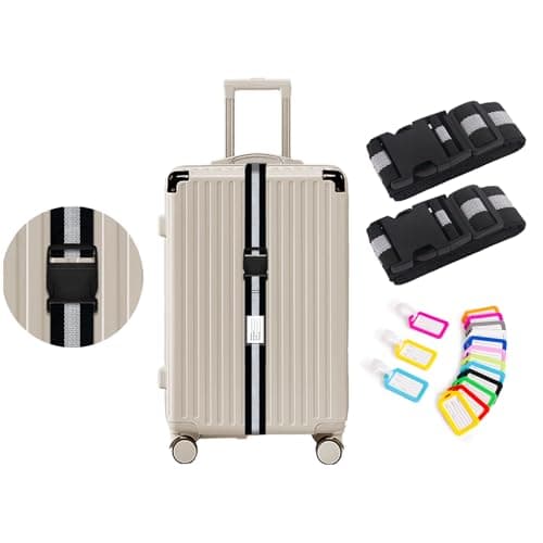 AYNKH 2 Pcs Luggage Straps with 10 Pcs Luggage Tags, Adjustable Heavy Duty Luggage Straps, Suitcase Straps, Personalised Luggage Belt Premium Accessory for Travel Bag Suitcase