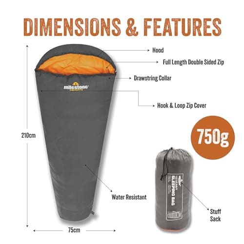 Milestone Camping Mummy Sleeping Bag for Adults & Kids / 2 Season Sleeping Bag for Camping, Hiking, Festivals & Outdoor Adventures/Insulated Filling with Drawstring Hood/Grey & Orange 27000 — view 3