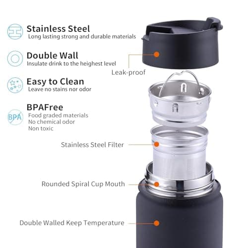 Sivaphe Insulated Water Bottle with Tea Infuser Filter and 2 Lids Drink Flask Stainless Steel for Camping Picnic Hiking Home 500ml Black — view 3