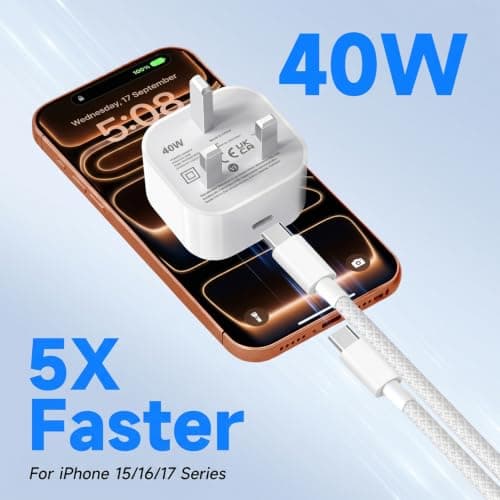 40W USB C Charger for iPhone 17/17 Pro/17 Pro Max/Air/16/15 Plus/Pro/Pro Max/iPad Pro/Air, iPhone 15 16 17 Charger USB C Fast Charger Plug with 2M Nylon Braided USB C Cable,USB C Charger Power Adapter — view 2