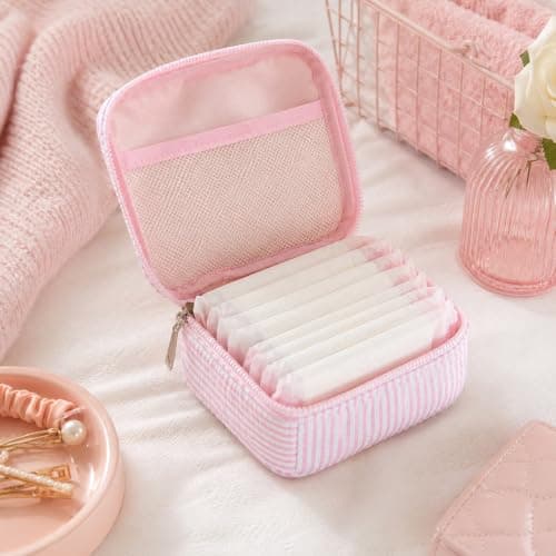VIZIVOLT Pink Striped Period Bag, Portable Sanitary Pad Storage Bag, Reusable Period Bags for Teenage Girls Women Tampons Holder for Purse, Lightweight Breathable Sanitary Bags — view 3