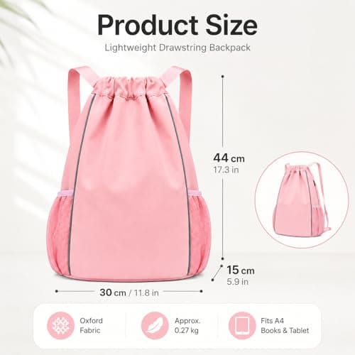 FAVORTALK Girls Drawstring Gym Bag Waterproof Drawstring Backpack with Outside Zipper Pocket Dry and Wet Separation for School Sport Swimming Travel Swimming Sports Gym Bag, Pink 18211 — view 2