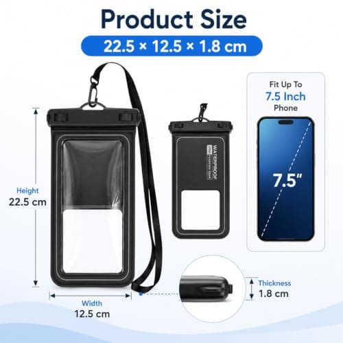Lafefe Waterproof Phone Pouch IPX8 Floating Waterproof Phone Case for 7.5 Inch Phones with HD Touch Screen & Adjustable Lanyard for Swimming Beach Diving Kayaking - Black & Grey — view 2