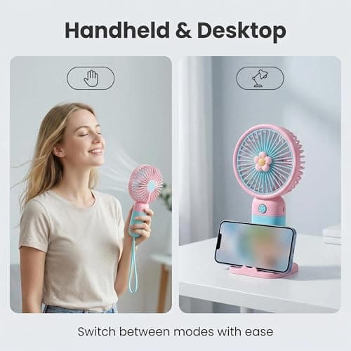 PORUPAEL Handheld Fan, Cute flower Hand Desk Fan Rechargeable Mini Portable Fans Handheld USB Rechargeable Fans Hand Held Travel Cooler for Home Office Bedroom Outdoor Travel (Pink) — view 6