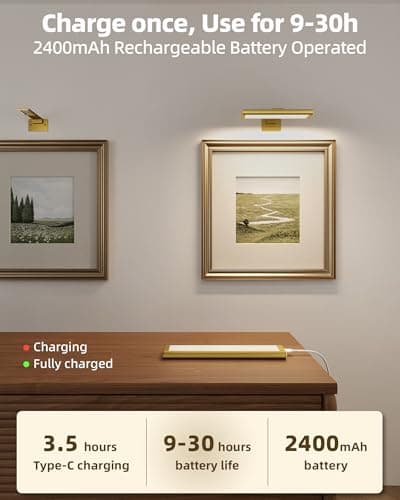 EZVALO Picture Light for Wall, Rechargeable 2400mAh Battery Lights with Wireless Remote, Dimmable Magnetic LED Art Painting Light with 3 Color Temperatures (Pack of 1, Gold) — view 5