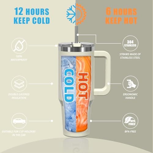 BIGRD 890ml Insulated Coffee Cup Travel Mug Double-Walled Stainless Steel Vacuum Leak-Proof Drinking Cup with Handle and Straw Thermal Tumbler,Beige — view 4