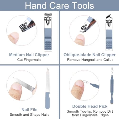 URAQT Professional Manicure Set, 7 pcs Portable Nail Clippers & Eyebrow Grooming Kit, Stainless Steel Nail Care Tools with Luxurious Leather Case for Travel & Home（Blue） — view 5