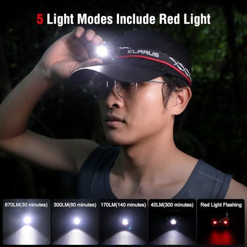klarus HM3 Head Torch,670 Lumens Mini Headlamp with Warning Red Light, 180°Adjustable Shoulder Lamp and Clip Lamp, Suitable for Camping, Fishing, Dog Walking, Home Use — view 3