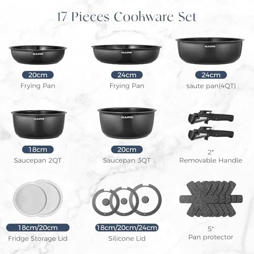 Non Stick Pots and Pans Set 17 Piece, Induction Hob Pan Set with Removable Handle, Kitchen Stackable Ceramic Cookware Sets, Frying Pan Saucepan Saute Pan with Lids, Suitable for All Hob Types — view 2