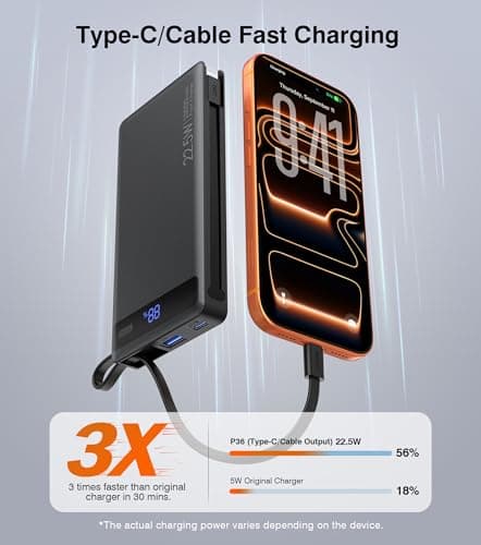 Power Bank 10000mAh, Portable Charger with 2 Built-in Cables (USB-C and Lightning),Fast Charging Battery Pack Compatible with iPhone 17 16 Plus Pro Max,Galaxy,iPad,Tablet–Slim Travel Essential(1 Pack) — view 3