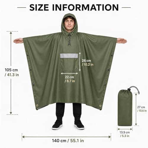NWDEY Waterproof Poncho for Adults – Reusable Lightweight Rain Poncho with Reflective Strips & Front Pocket, Outdoor Raincoat for Camping, Hiking & Travelling (Green) — view 2