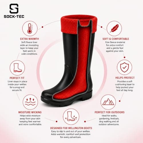 Womens Fleece Welly Socks Thermal Wellington Boot Liners Size 4-7 (Red) — view 2
