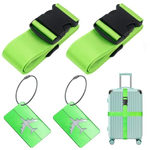 Luggage Strap (2 Pack), with 2 Luggage Tags, Custom Identification, Travel Bag Closure, For Connecting Luggage Together, Green